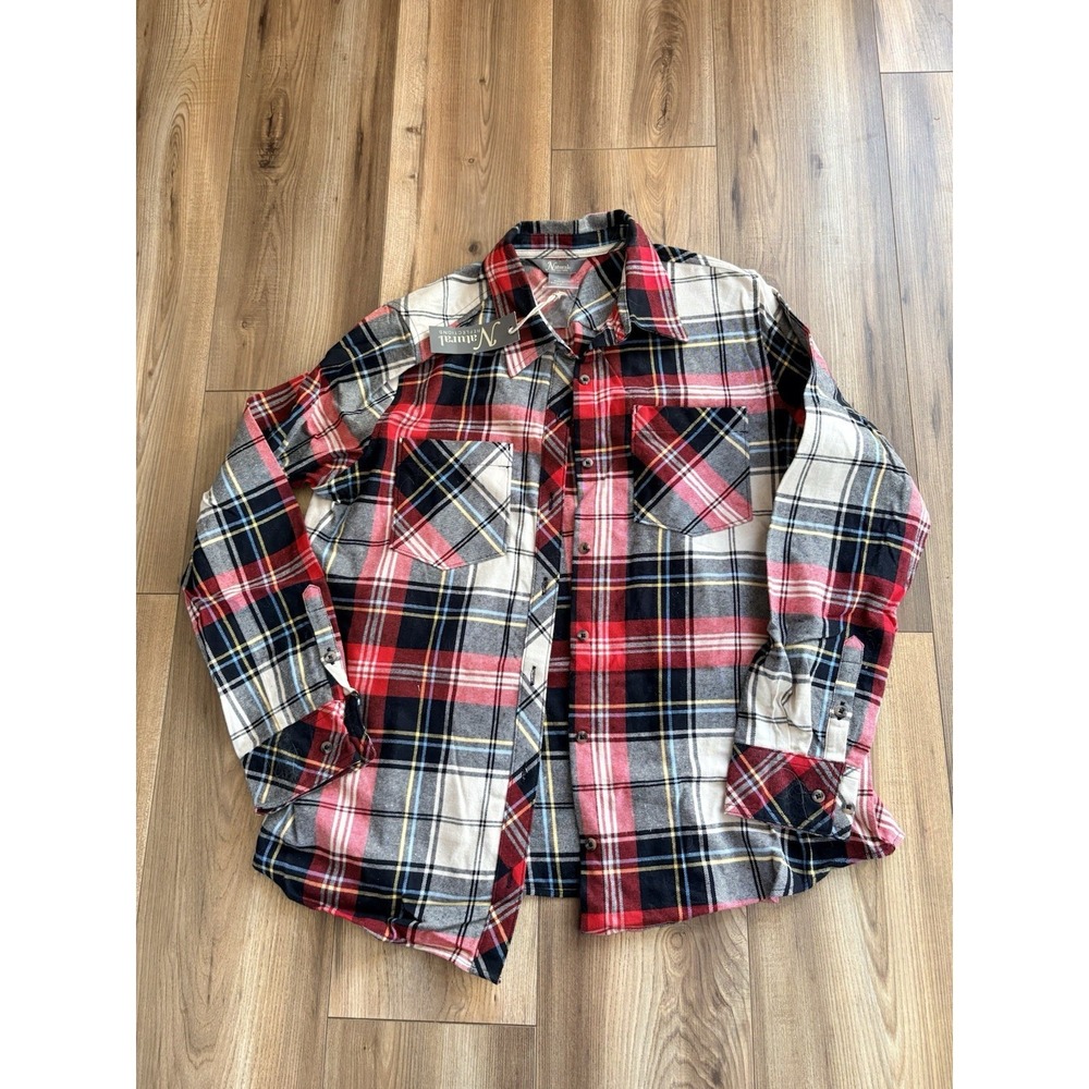 Natural Reflections Flannel Shirt Women's Large White Red Blue Plaid Long Sleeve